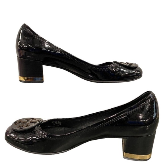 Tory Burch Amy Patent Leather Block Heel Pumps Black Gold Trim Logo Size 8 M - Picture 4 of 8